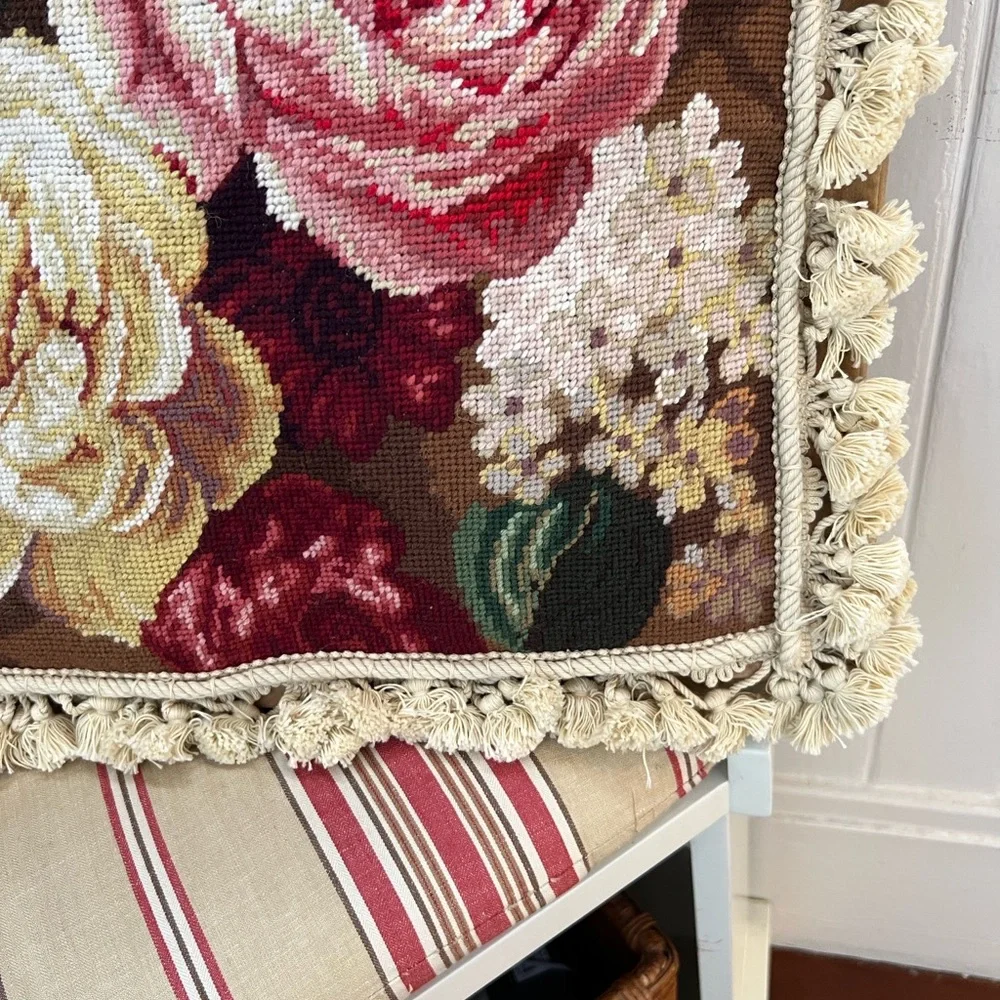 NWOT VTG Needlepoint by Hand HKH Floral Tapestry Pillow Cover with Fringe